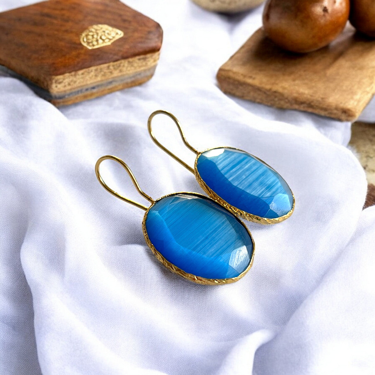 Boucles d’oreilles "SIRENA" dorées or fin pierre naturelle Agate bleue