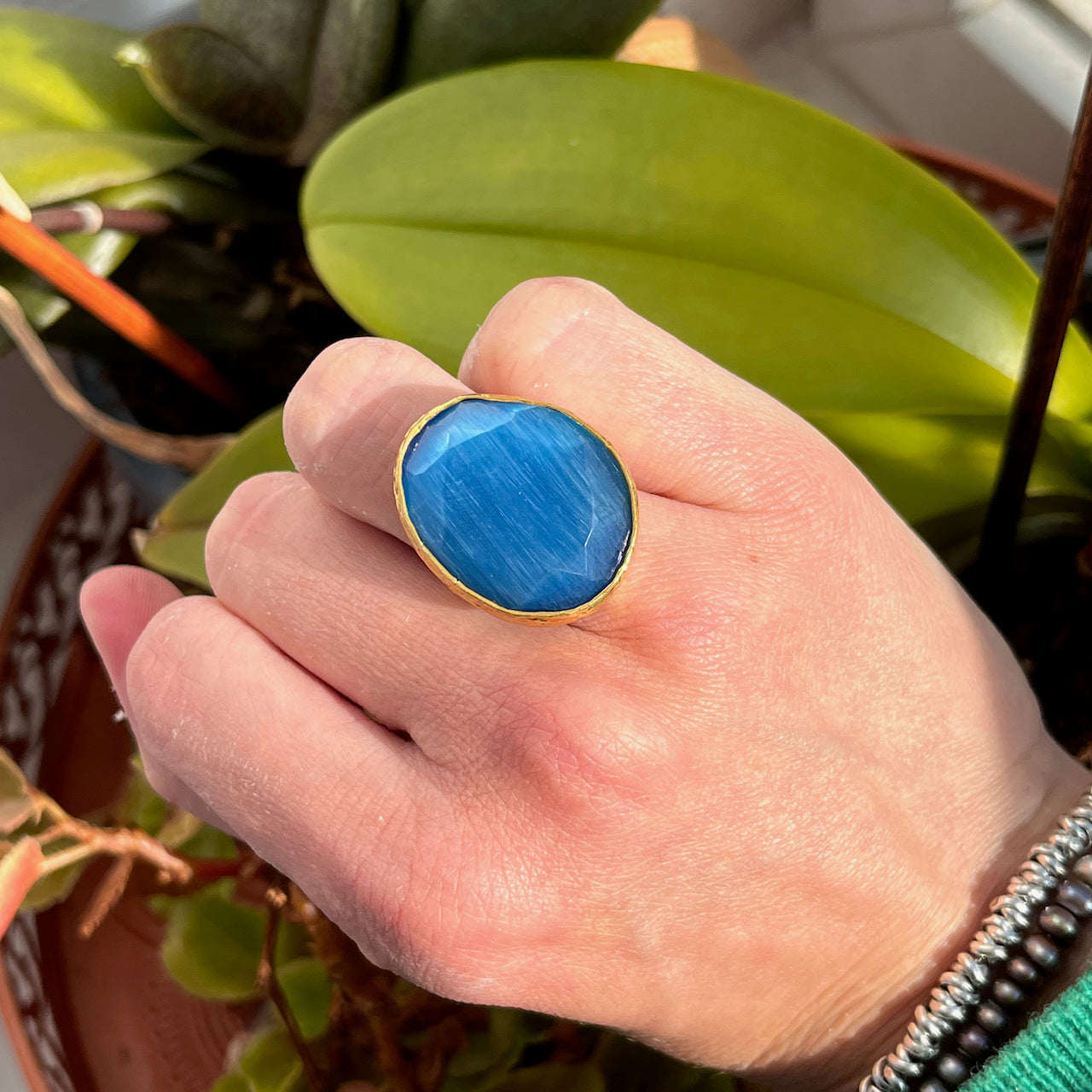 Bague "SIRENA" pierre naturelle agate bleue