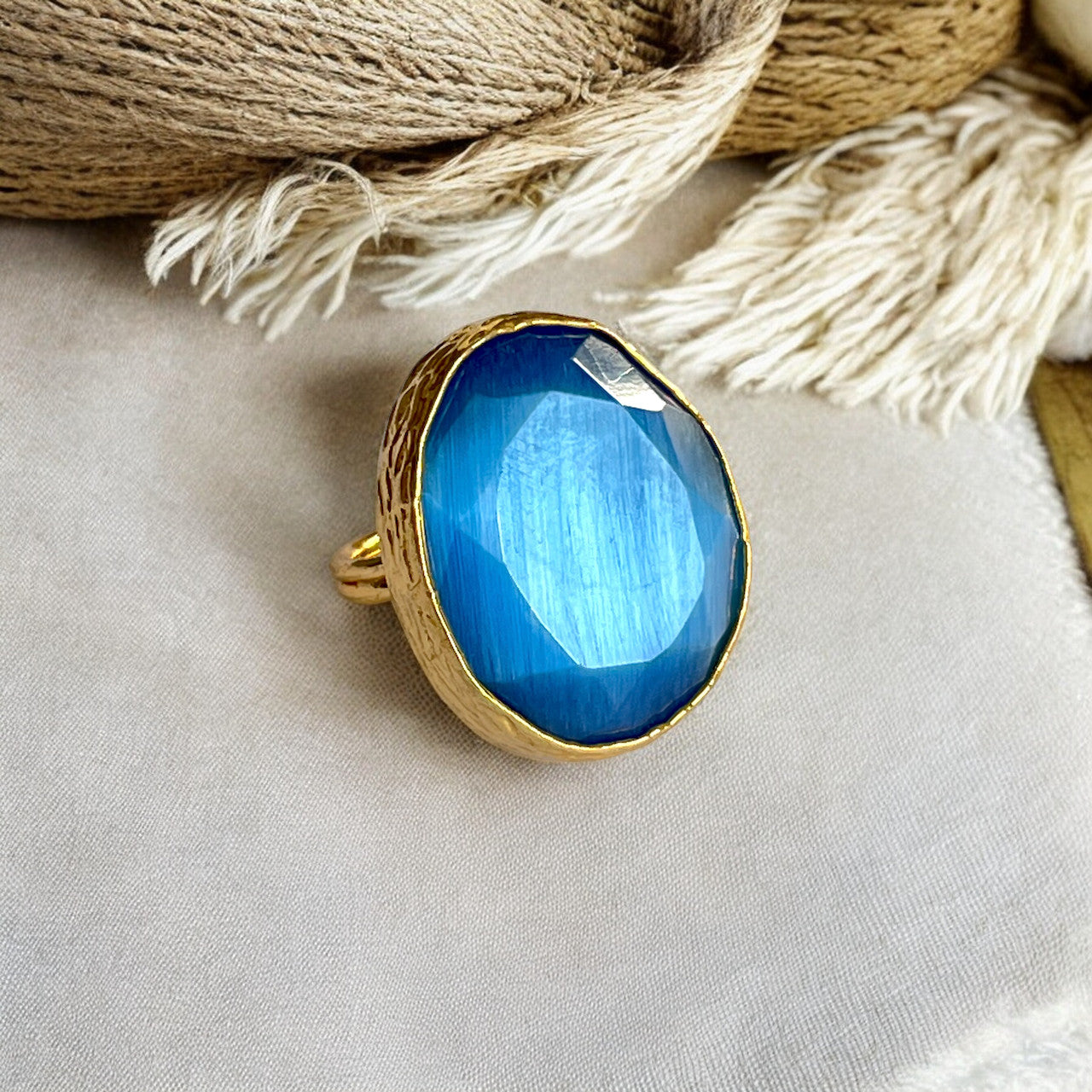 Bague "SIRENA" pierre naturelle agate bleue