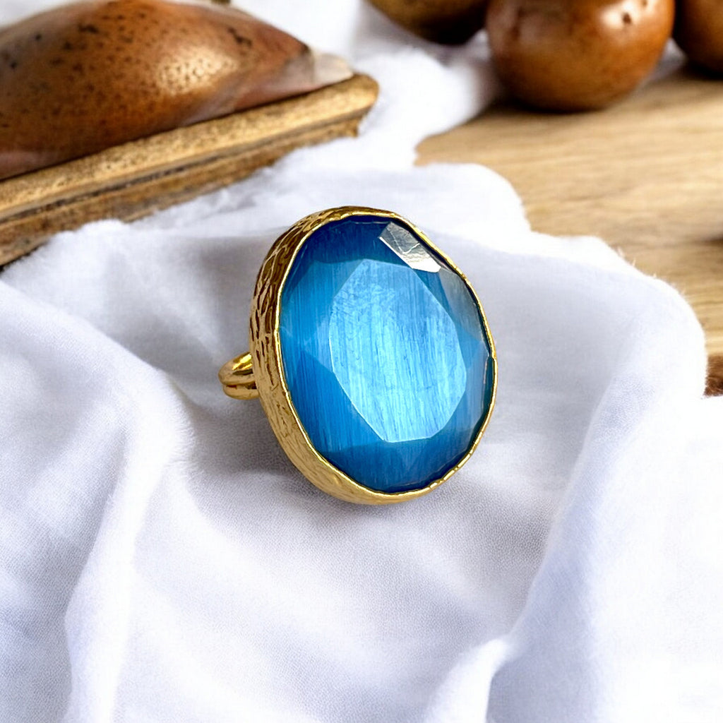 Bague "SIRENA" pierre naturelle agate bleue