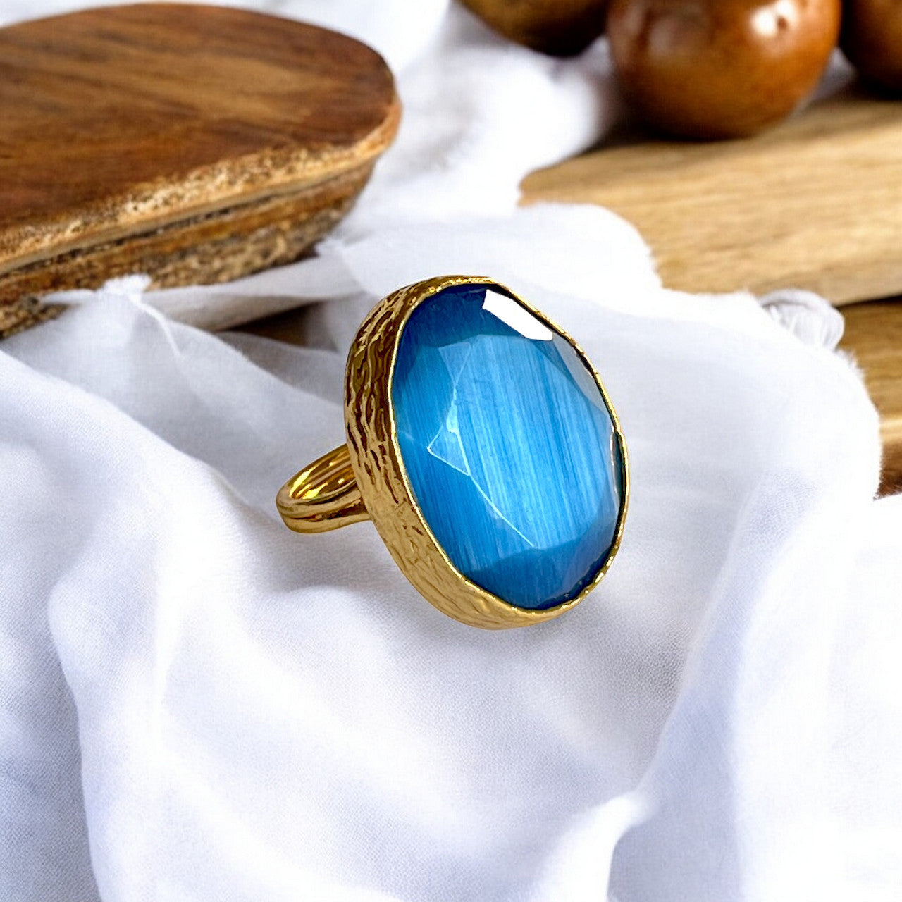 Bague "SIRENA" pierre naturelle agate bleue
