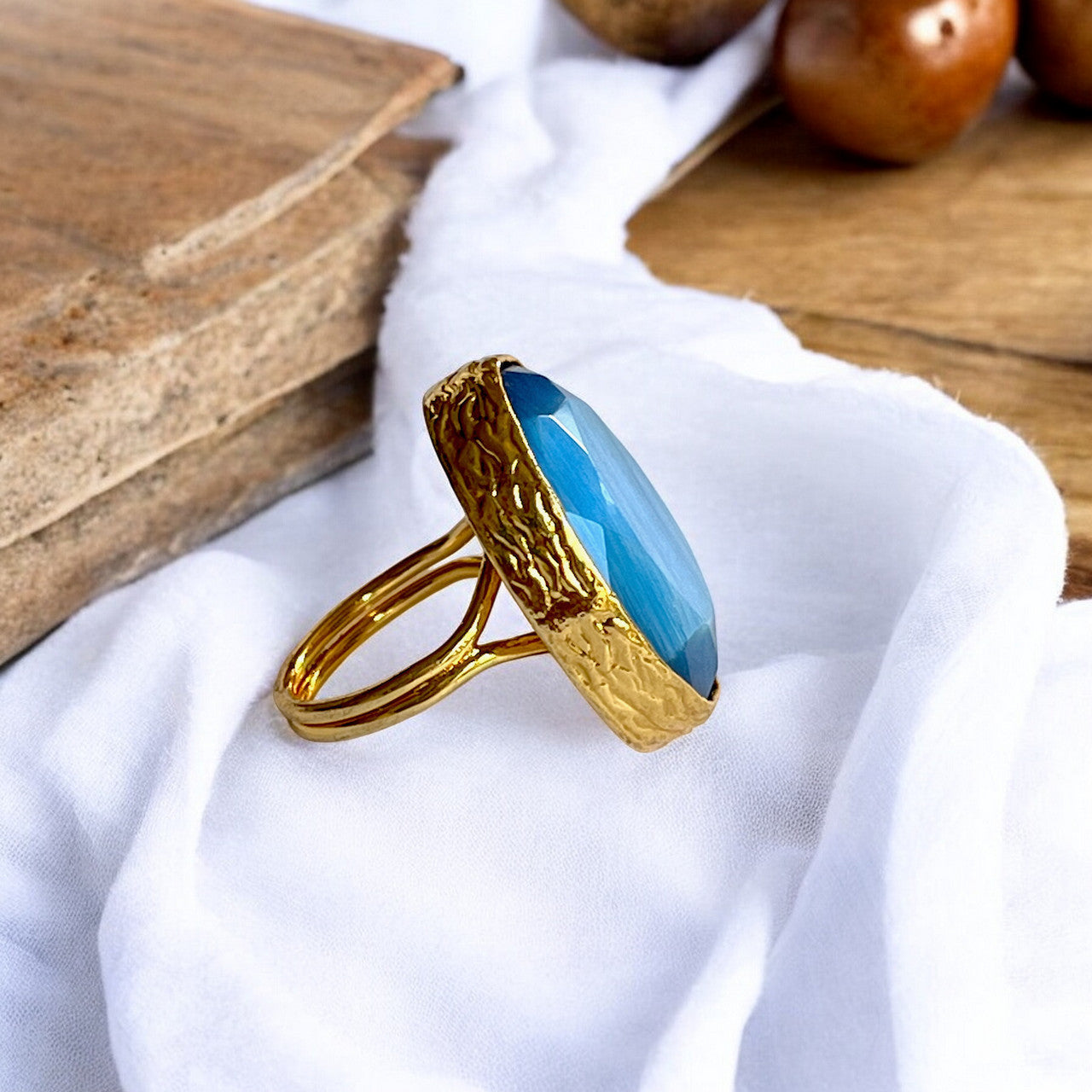 Bague "SIRENA" pierre naturelle agate bleue