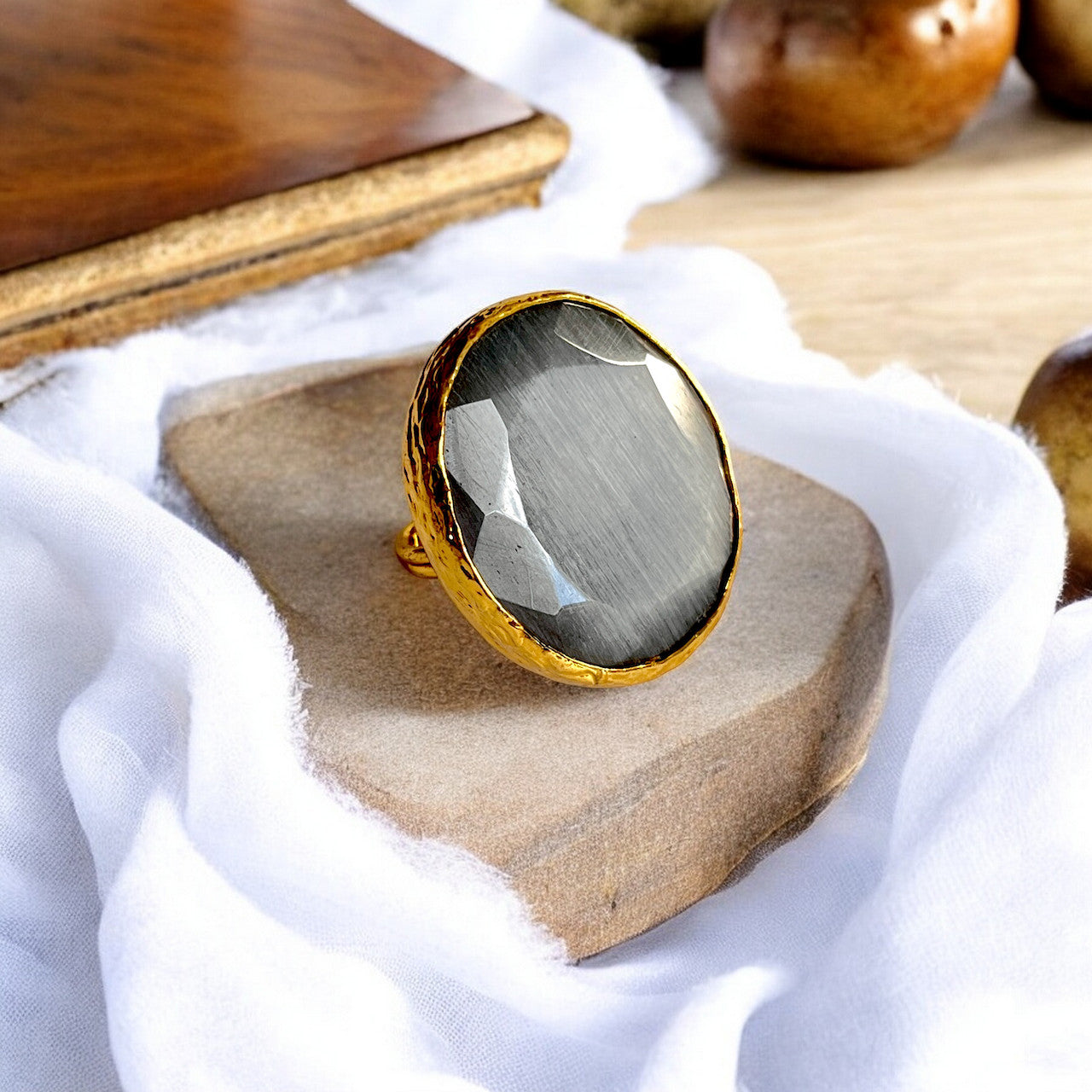 Bague "SILVARIA 2" pierre naturelle agate grise - grand modèle