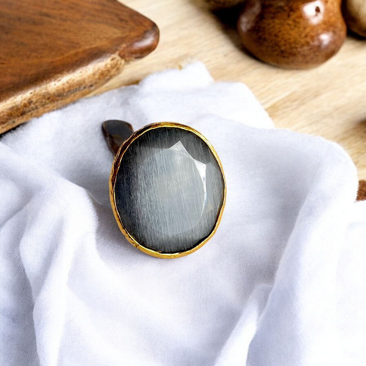 Bague "SILVARIA 2" pierre naturelle agate grise - grand modèle