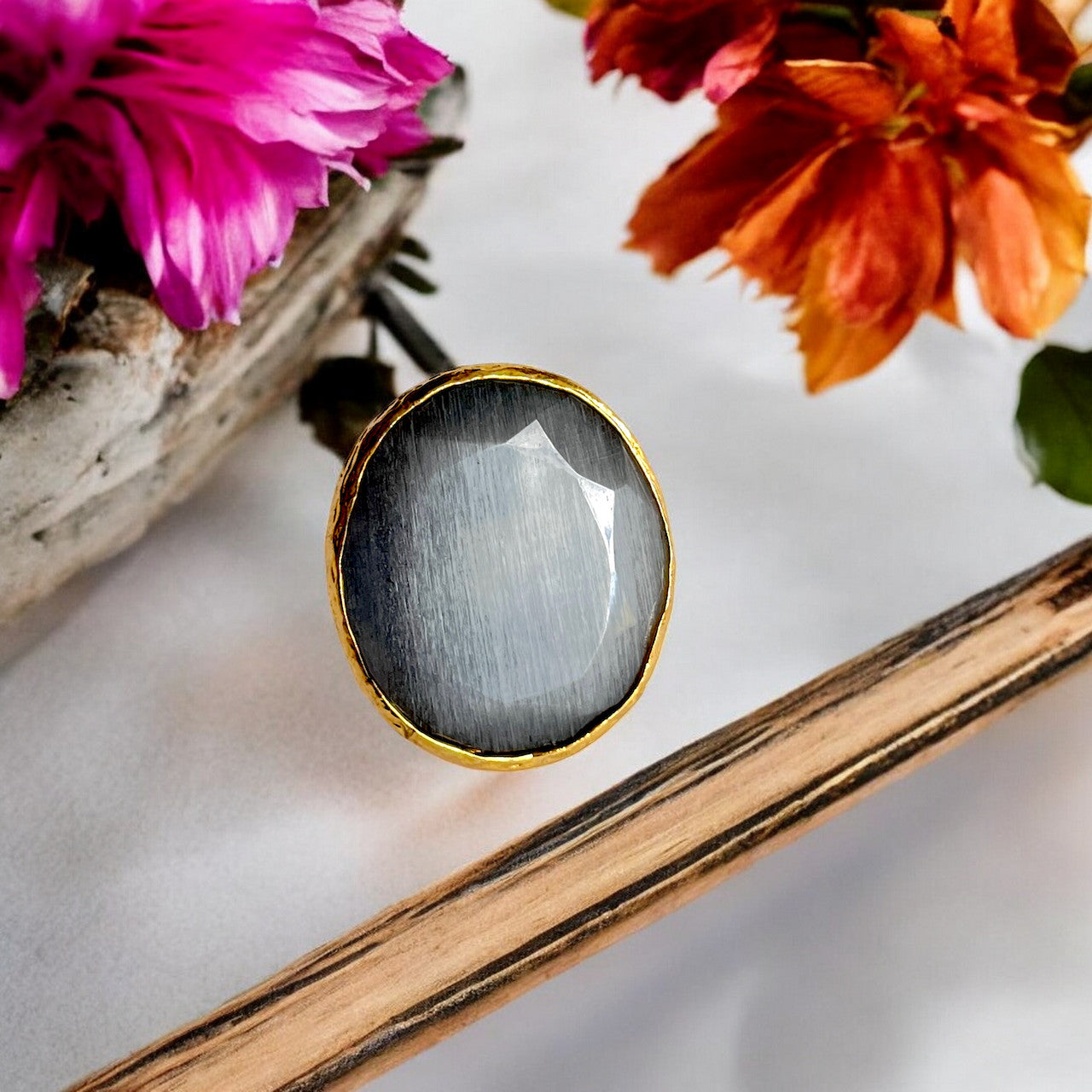 Bague "SILVARIA 2" pierre naturelle agate grise - grand modèle