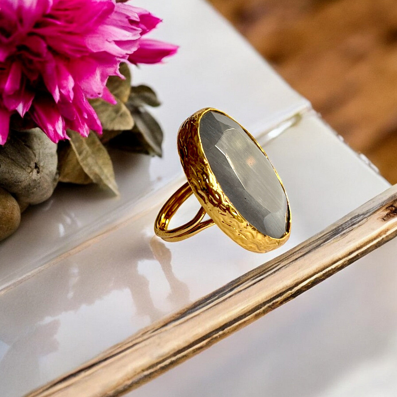 Bague "SILVARIA 2" pierre naturelle agate grise - grand modèle