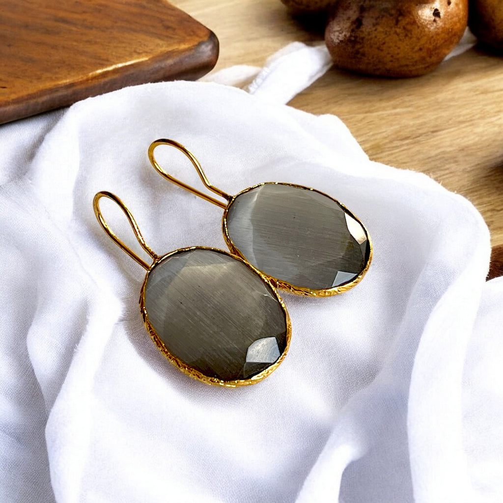 Boucles d’oreilles "SILVARIA" dorées or fin pierre naturelle Agate grise