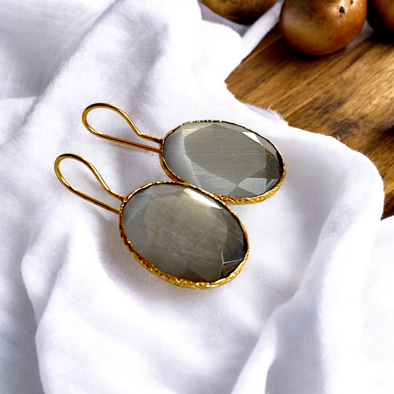 Boucles d’oreilles "SILVARIA" dorées or fin pierre naturelle Agate grise