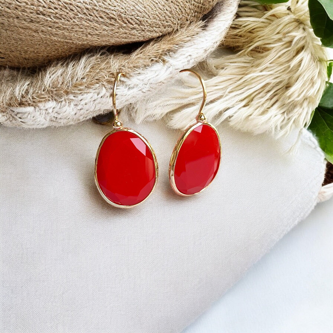 Boucles d’oreilles "ICONIA" pierre naturelle Agate rouge dorées or fin