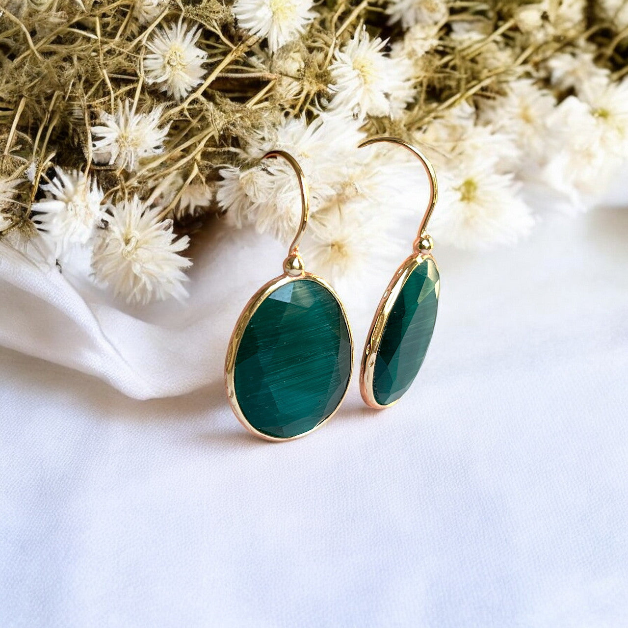 Boucles d’oreilles "LIVORA" pierre naturelle Agate verte dorées or fin