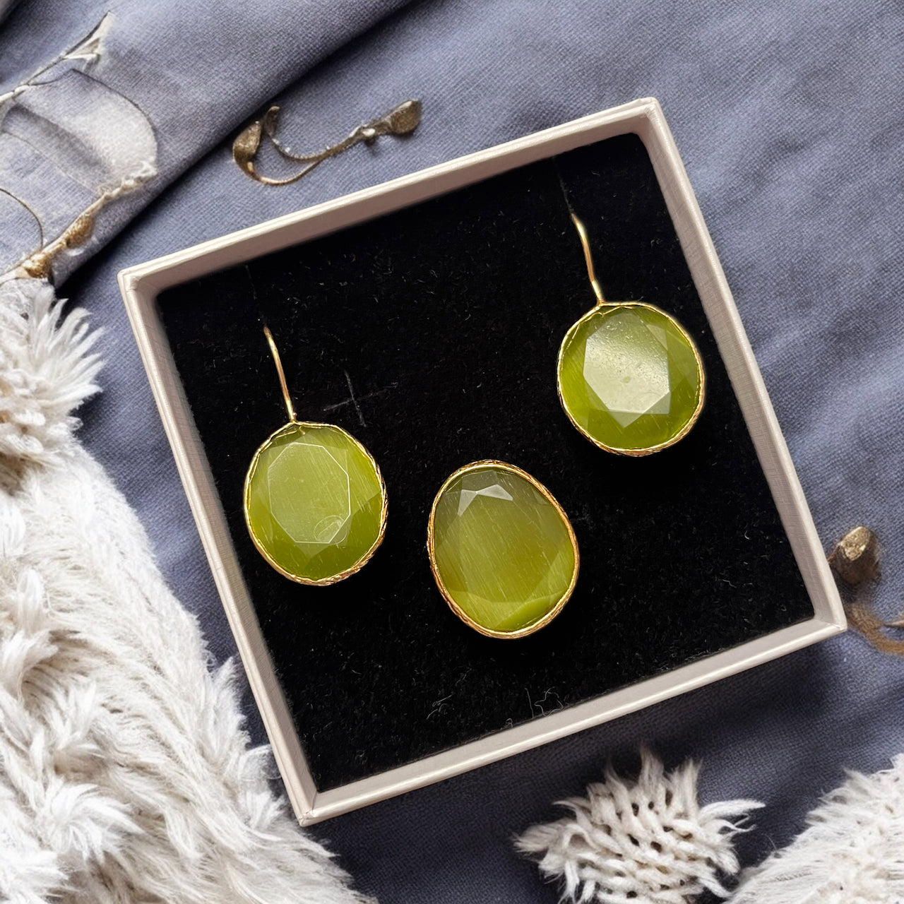 Parure « AGATELLE » dorée or fin en agate verte