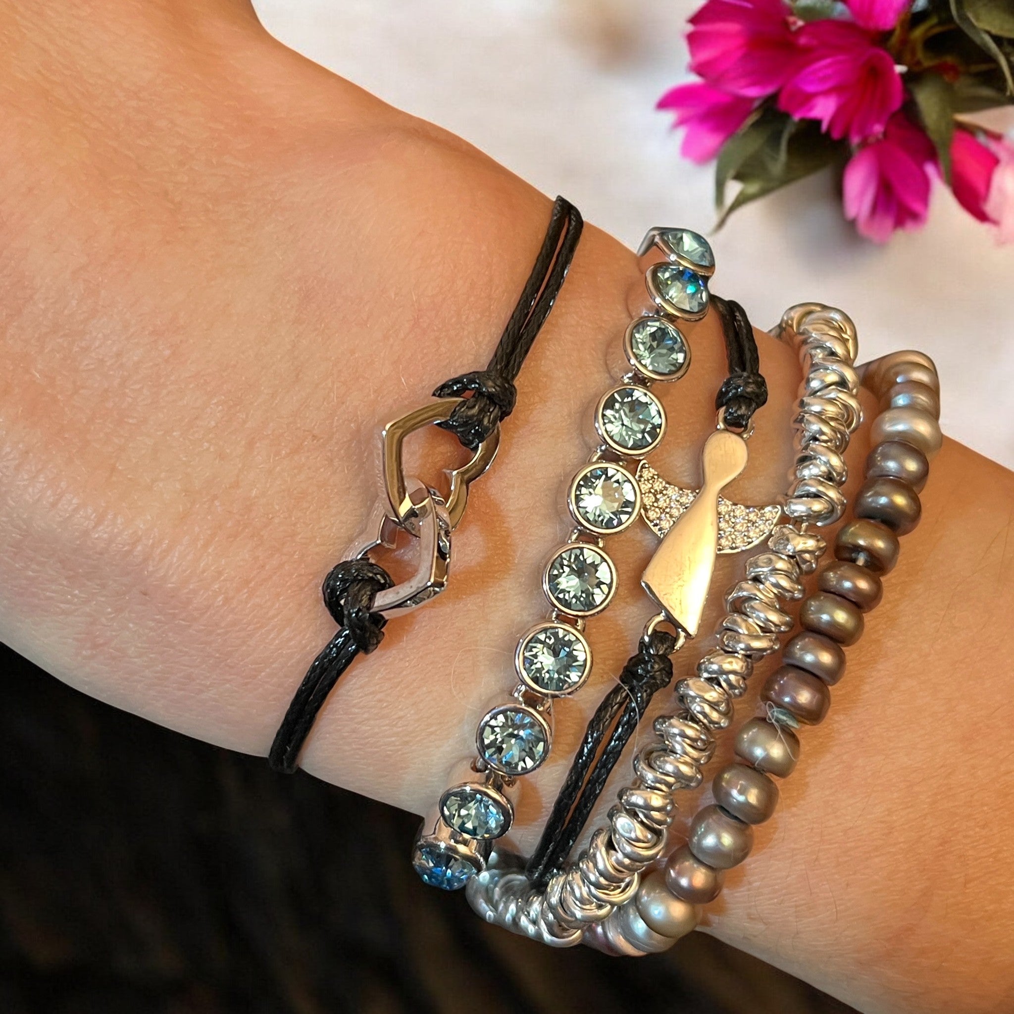 Bracelet "CORAZON" cordon adaptable deux coeurs argentés