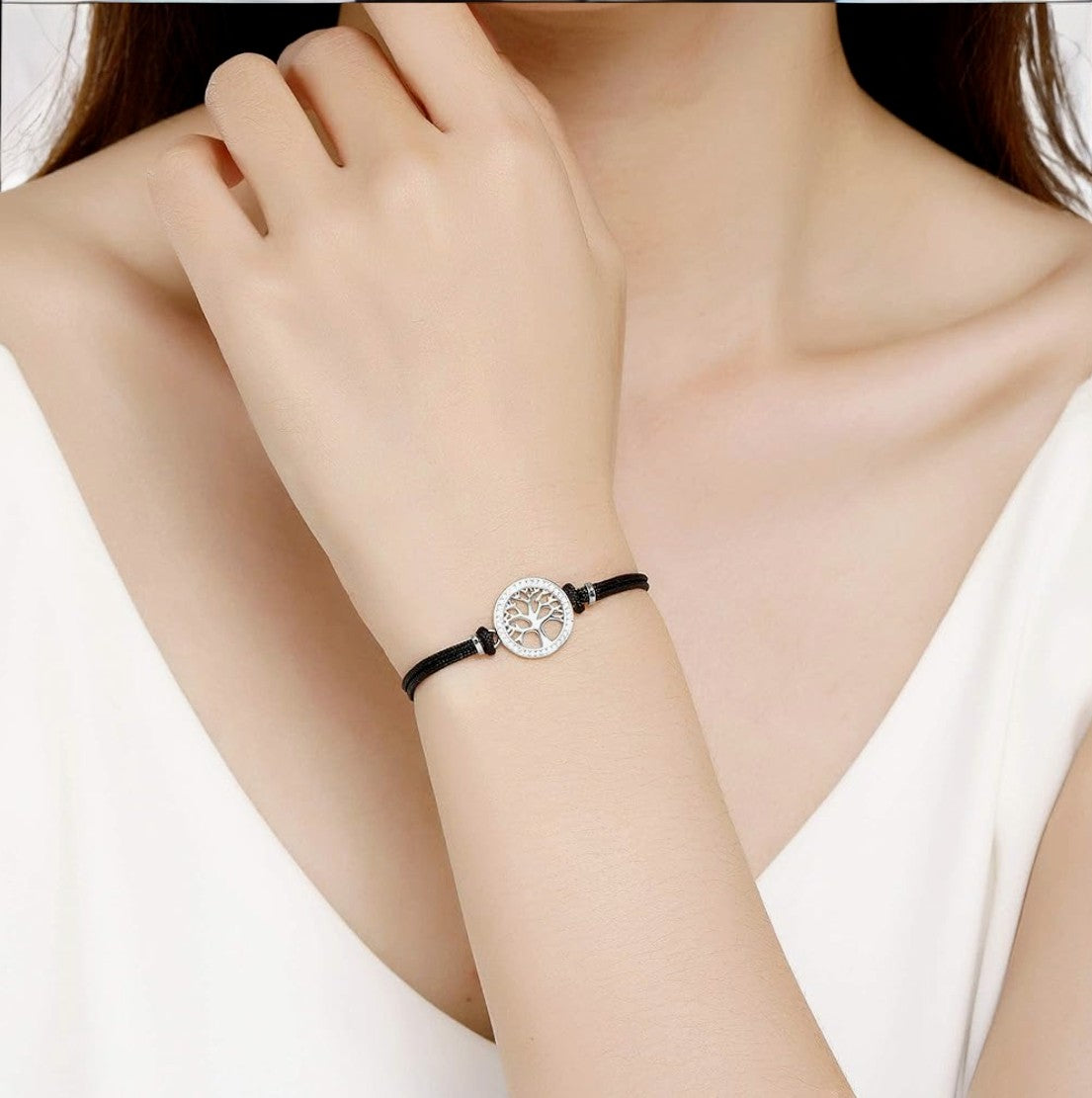 Bracelet "ARBOL" cordon adaptable Symbole Arbre de vie argenté et strass