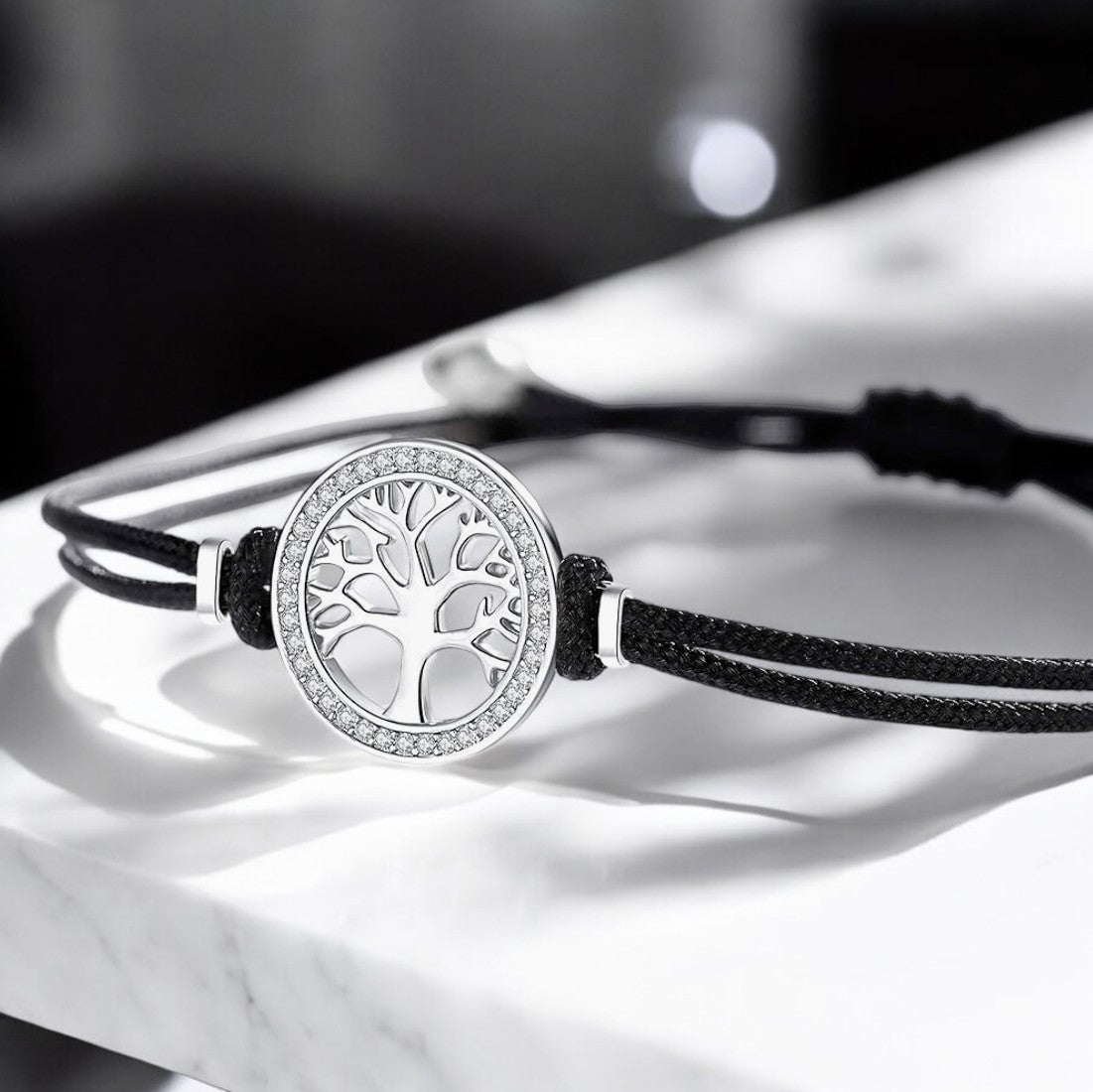 Bracelet "ARBOL" cordon adaptable Symbole Arbre de vie argenté et strass