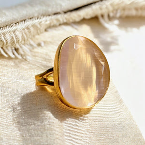 Bague "KARACHI" pierre naturelle agate beige champagne dorée or fin