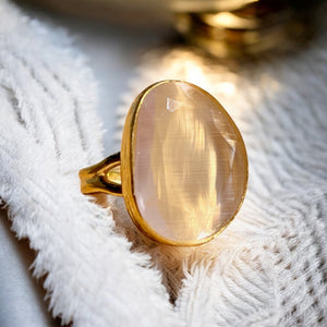 Bague "KARACHI" pierre naturelle agate beige champagne dorée or fin
