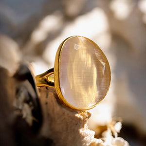 Bague "KARACHI" pierre naturelle agate beige champagne dorée or fin