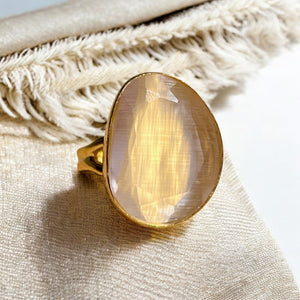 Bague "KARACHI" pierre naturelle agate beige champagne dorée or fin