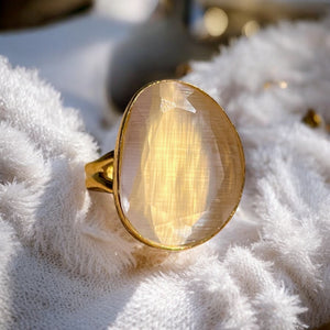 Bague "KARACHI" pierre naturelle agate beige champagne dorée or fin