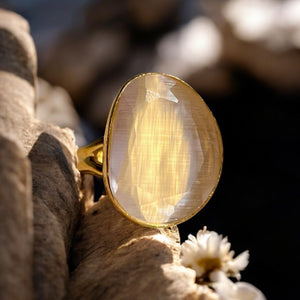 Bague "KARACHI" pierre naturelle agate beige champagne dorée or fin