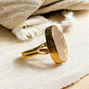 Bague "KARACHI" pierre naturelle agate beige champagne dorée or fin