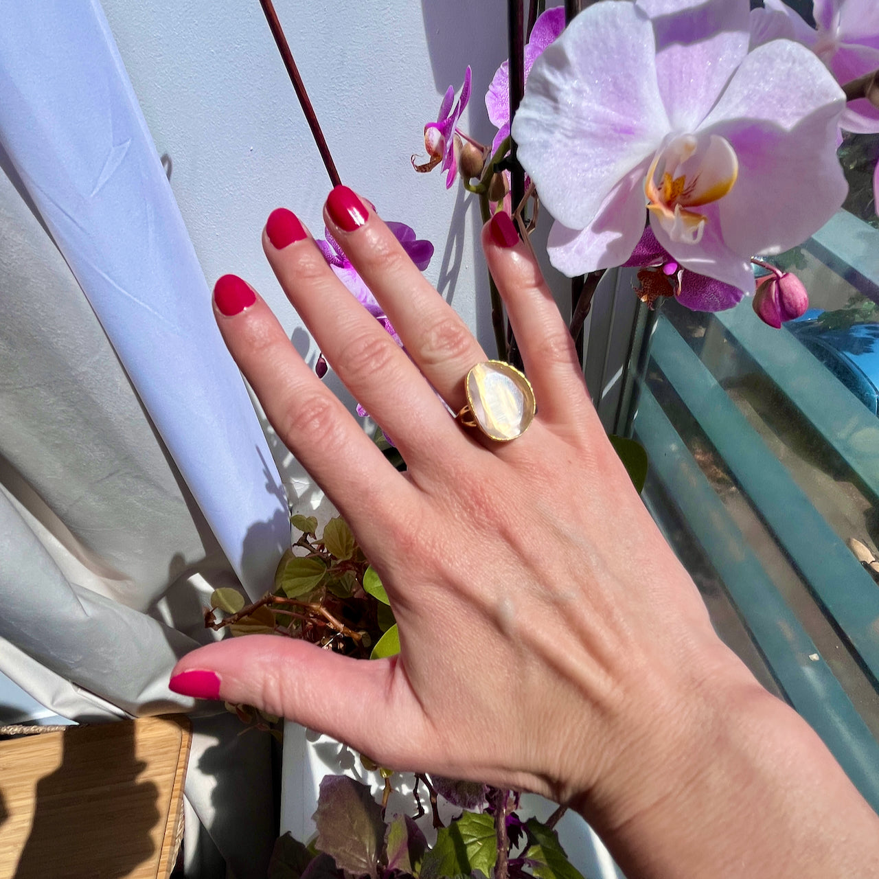 Bague "KARACHI" pierre naturelle agate beige champagne dorée or fin