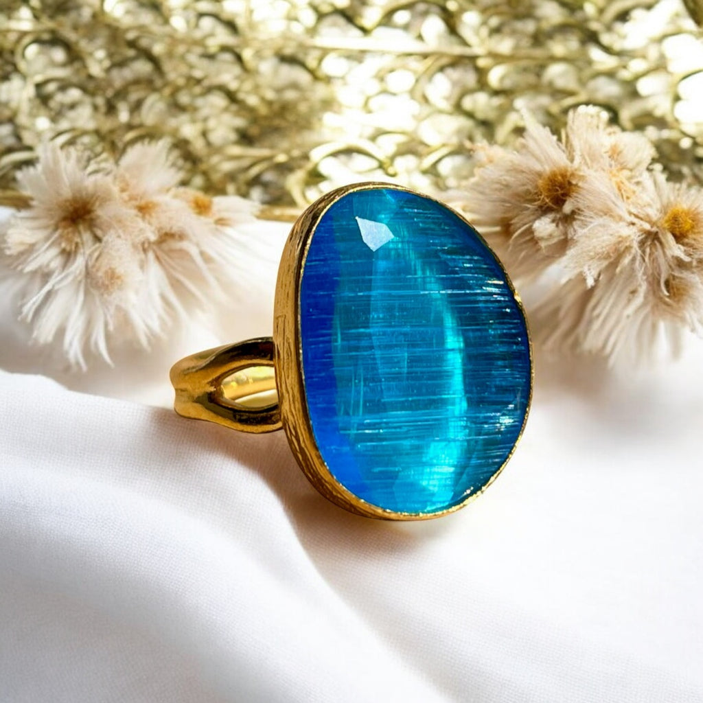 Bague "MUMBAI" pierre naturelle agate bleue dorée or fin
