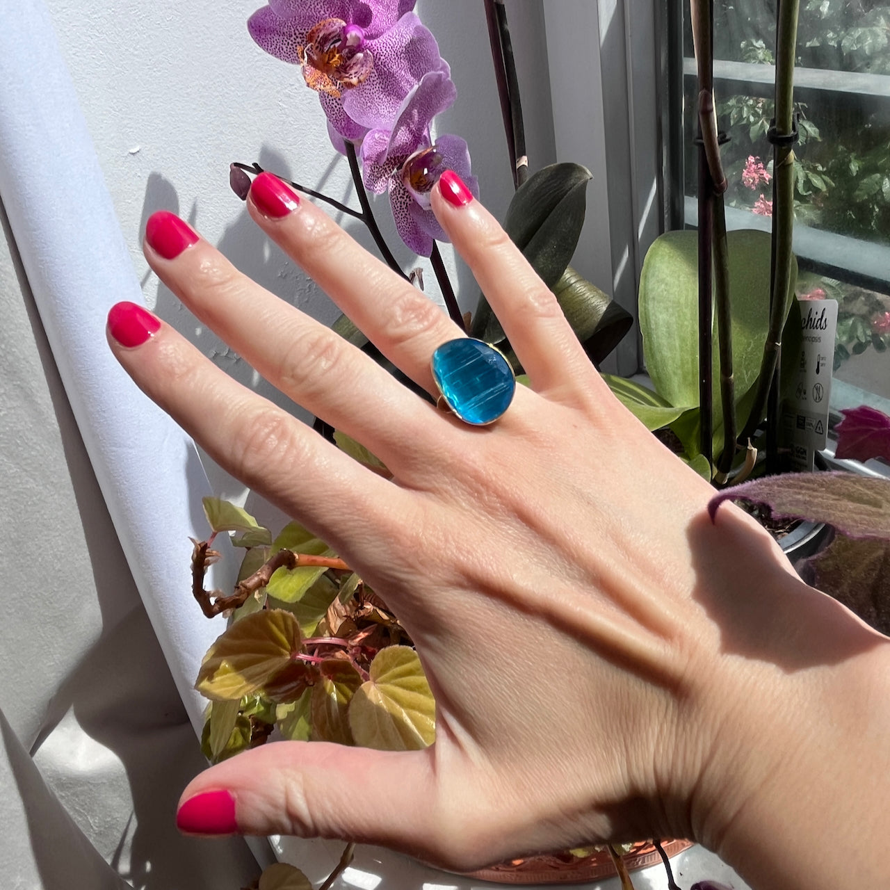Bague "MUMBAI" pierre naturelle agate bleue dorée or fin