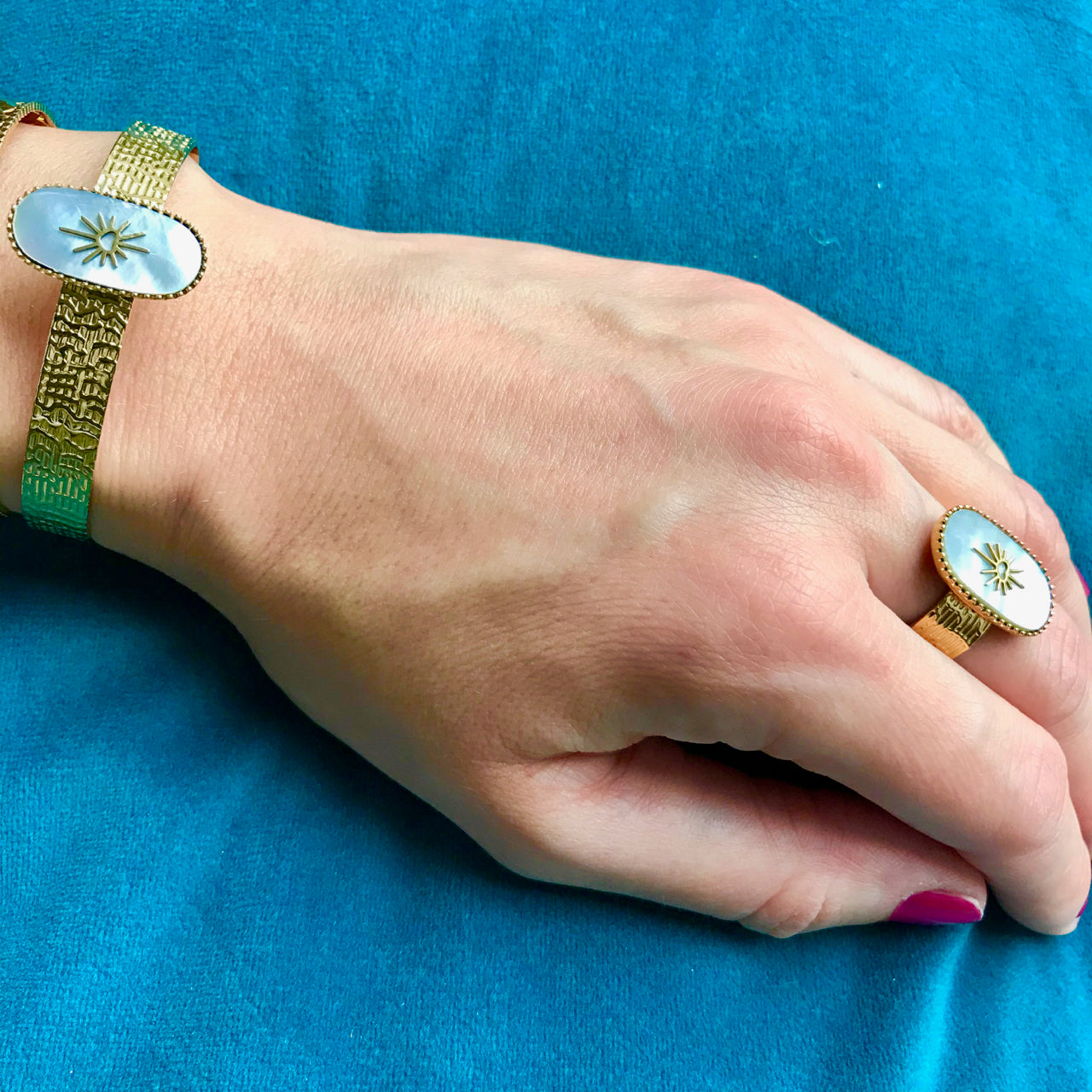 ensemble bague et bracelet en acier inoxydable avec nacre et cœur