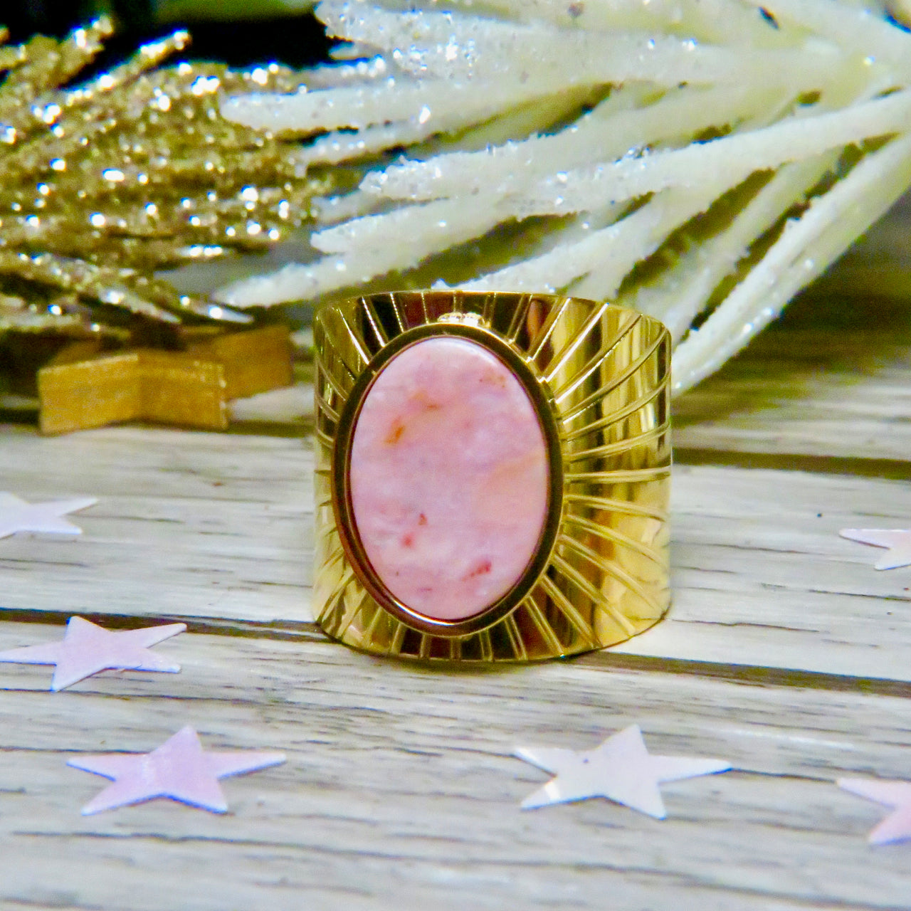 bague en acier inoxydable pierre naturelle agate rose - vue de cote