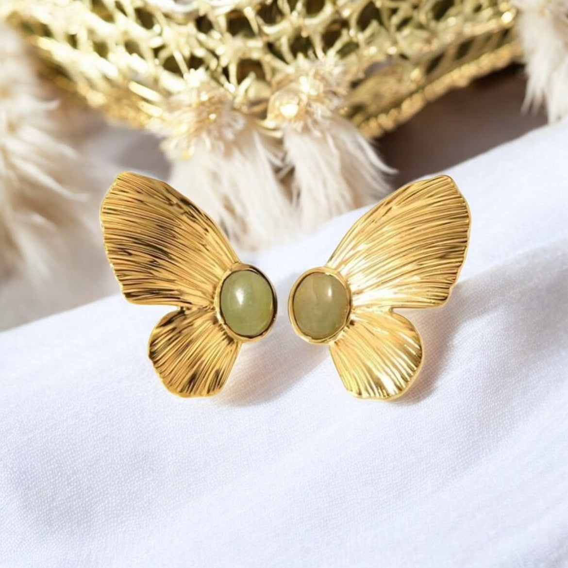 Boucles d'oreilles "LUNASTRA" en acier inoxydable doré et agate verte