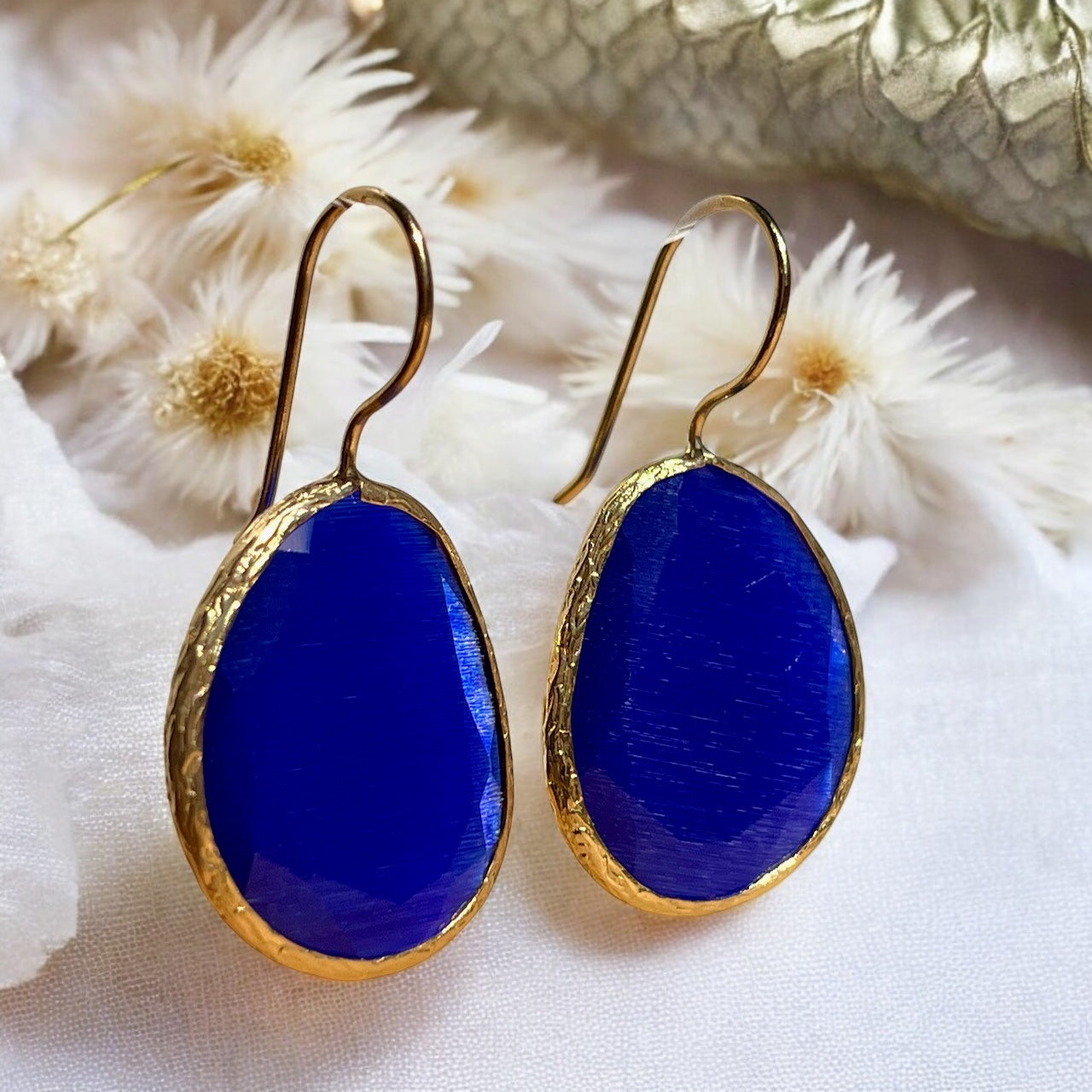 Boucles d’oreilles "LIMA" dorées or fin pierre naturelle Agate bleue