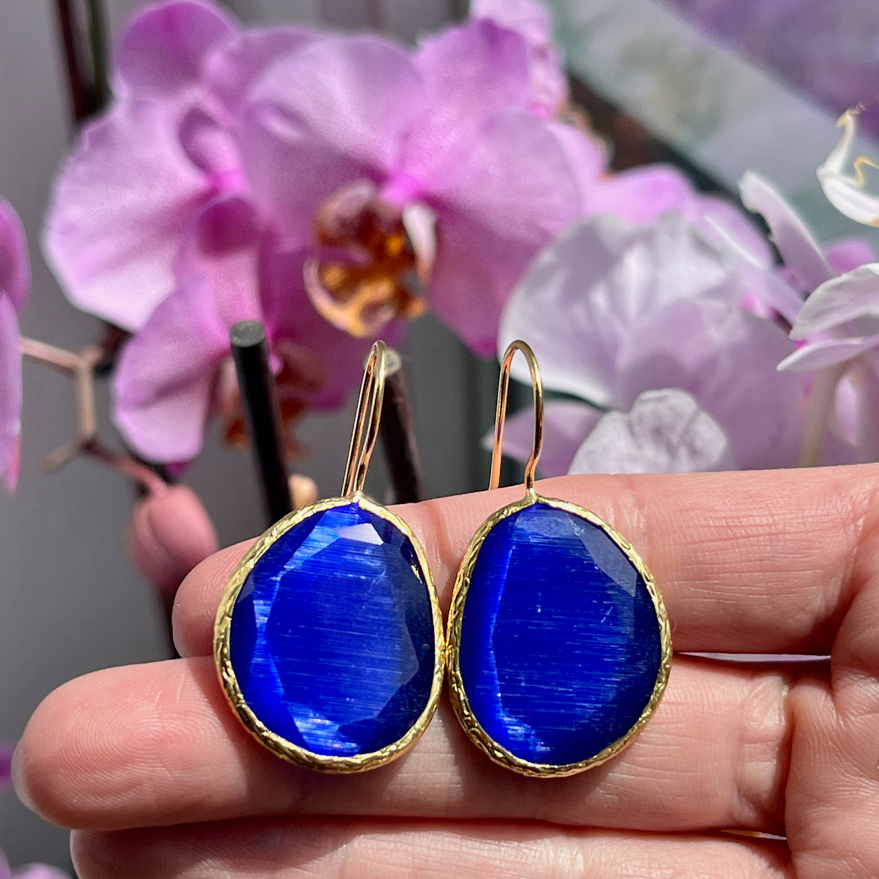 Boucles d’oreilles "LIMA" dorées or fin pierre naturelle Agate bleue