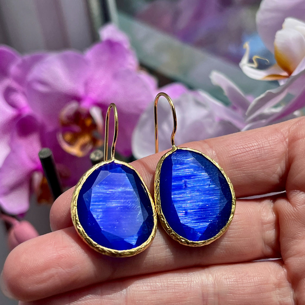 Boucles d’oreilles "LIMA" dorées or fin pierre naturelle Agate bleue