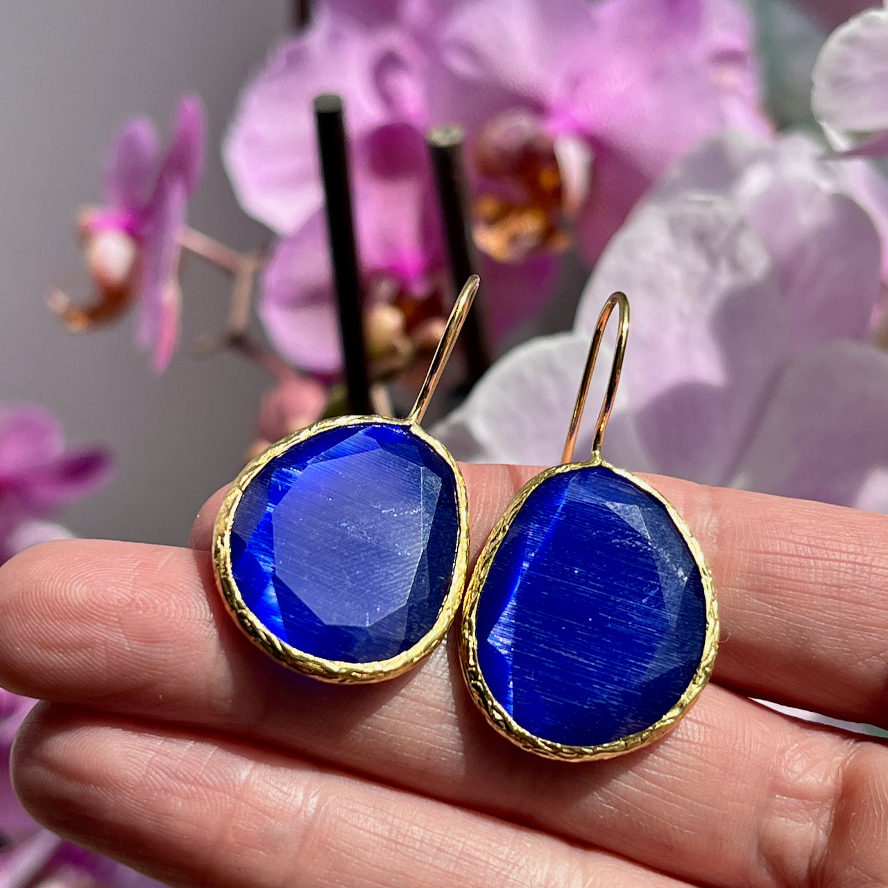 Boucles d’oreilles "LIMA" dorées or fin pierre naturelle Agate bleue