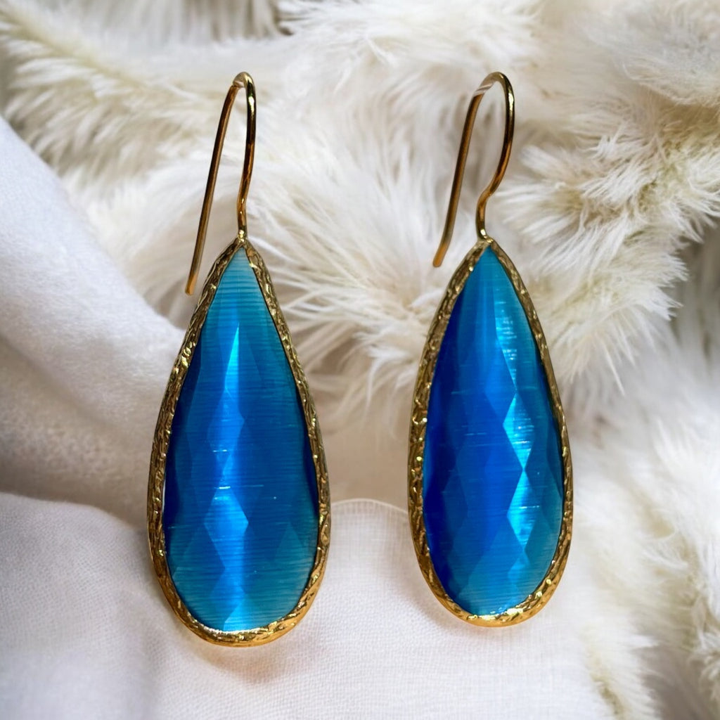 Boucles d’oreilles "DELHI" pierre naturelle Agate bleue dorées or fin