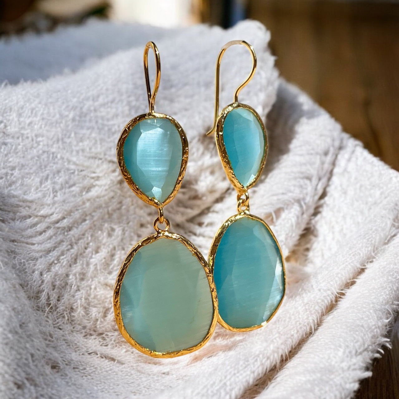 Boucles d'oreilles  "BRASILIA" dorées or fin pierre d’ Agate bleue - verte