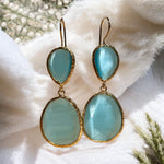 Boucles d'oreilles  "BRASILIA" dorées or fin pierre d’ Agate bleue - verte