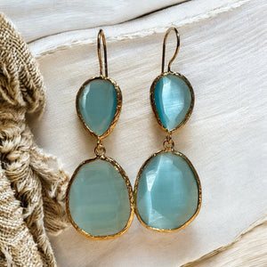 Boucles d'oreilles  "BRASILIA" dorées or fin pierre d’ Agate bleue - verte