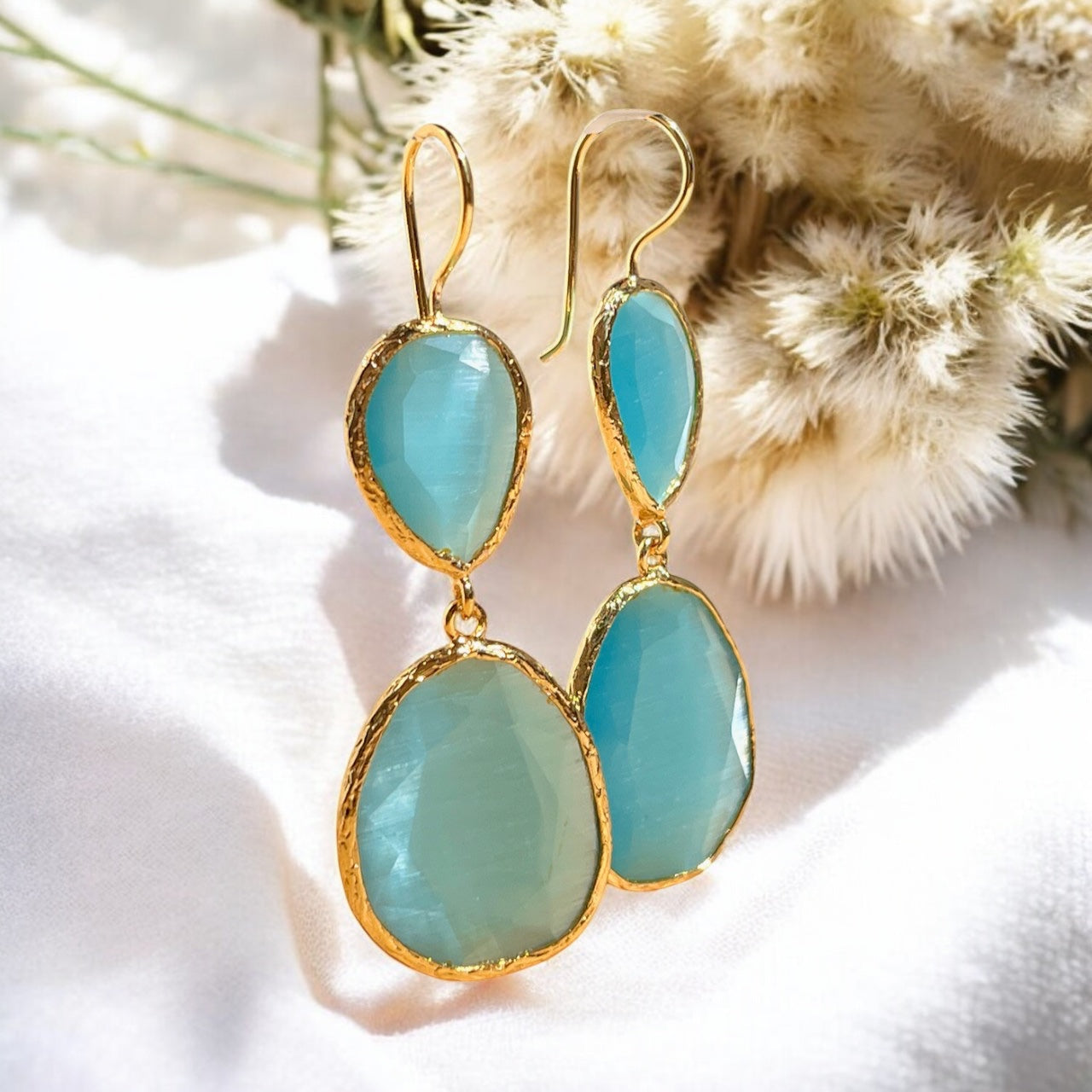 Boucles d'oreilles  "BRASILIA" dorées or fin pierre d’ Agate bleue - verte