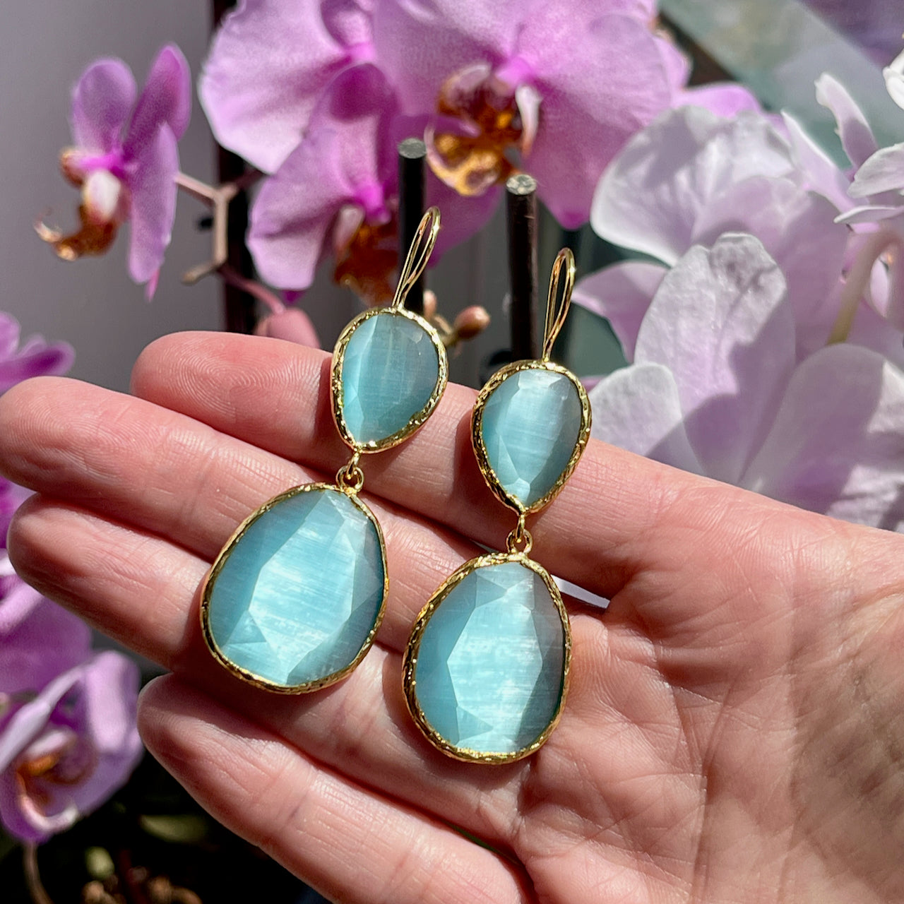 Boucles d'oreilles  "BRASILIA" dorées or fin pierre d’ Agate bleue - verte