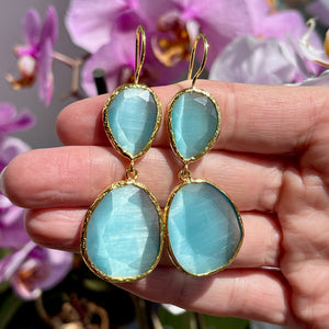Boucles d'oreilles  "BRASILIA" dorées or fin pierre d’ Agate bleue - verte