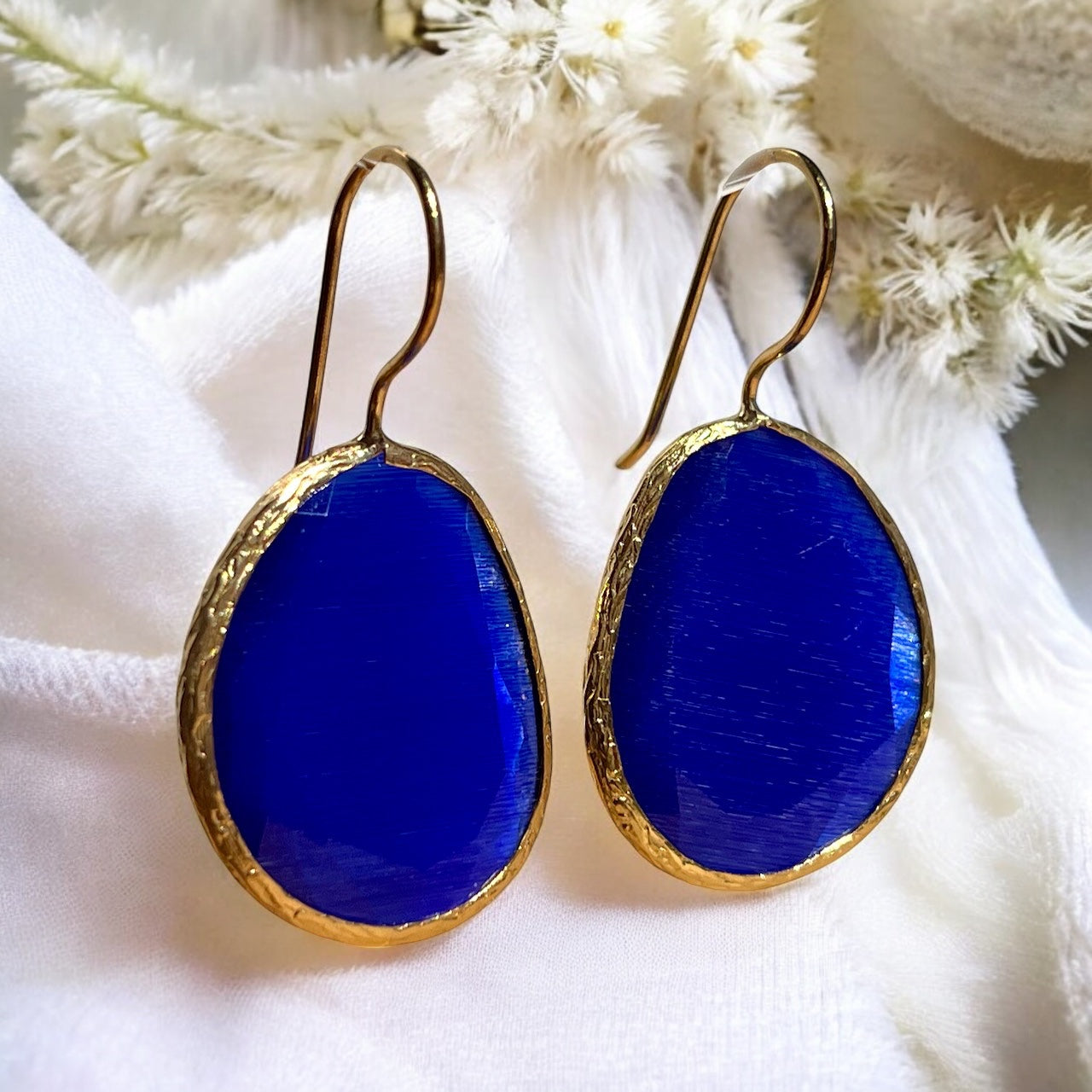 Boucles d’oreilles "LIMA" dorées or fin pierre naturelle Agate bleue