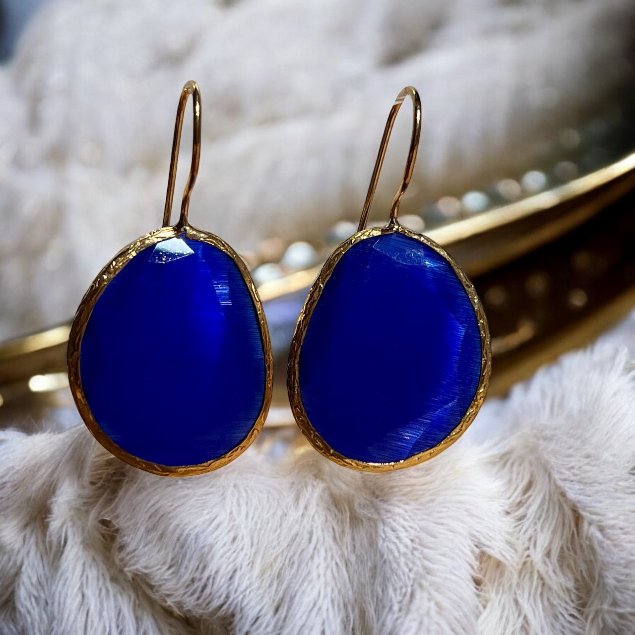 Boucles d’oreilles "LIMA" dorées or fin pierre naturelle Agate bleue