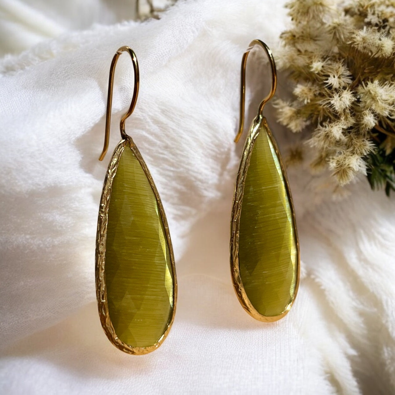 Boucles d’oreilles "NARA" dorées or fin pierre naturelle Agate vert kaki
