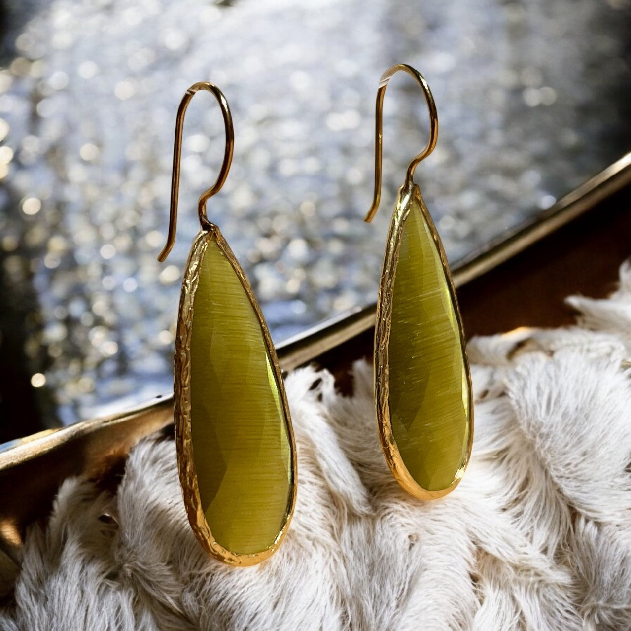 Boucles d’oreilles "NARA" dorées or fin pierre naturelle Agate vert kaki