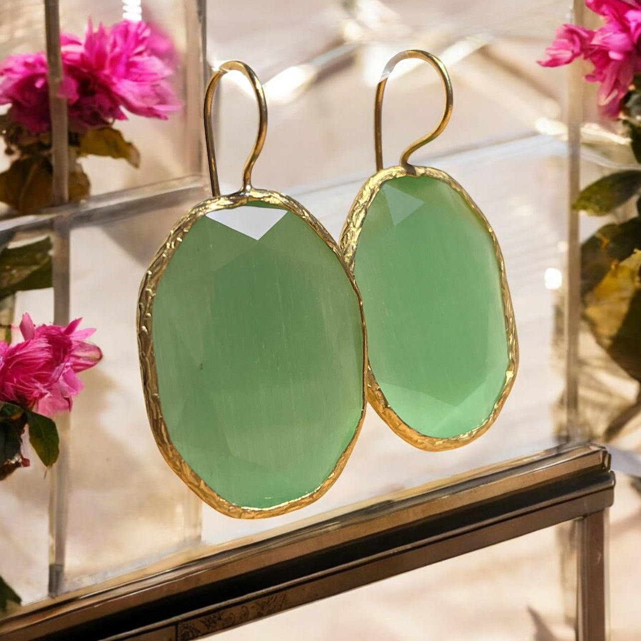 Boucles d’oreilles "DHAKA" pierre naturelle Agate verte dorées or fin