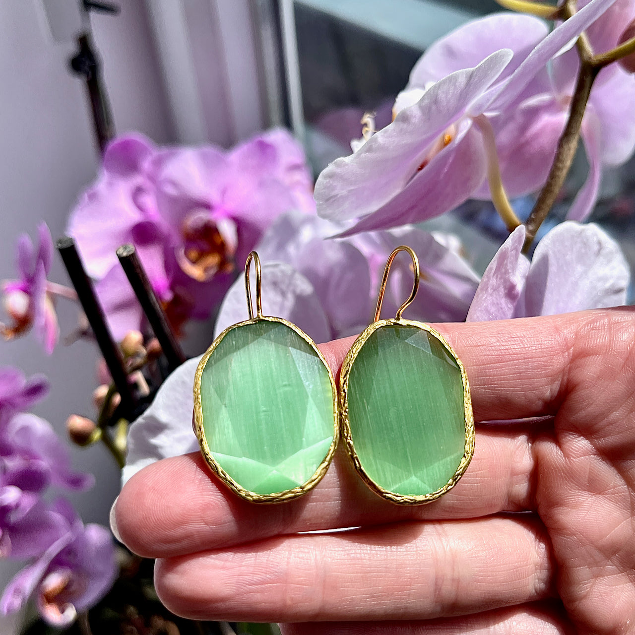 Boucles d’oreilles "DHAKA" pierre naturelle Agate verte dorées or fin