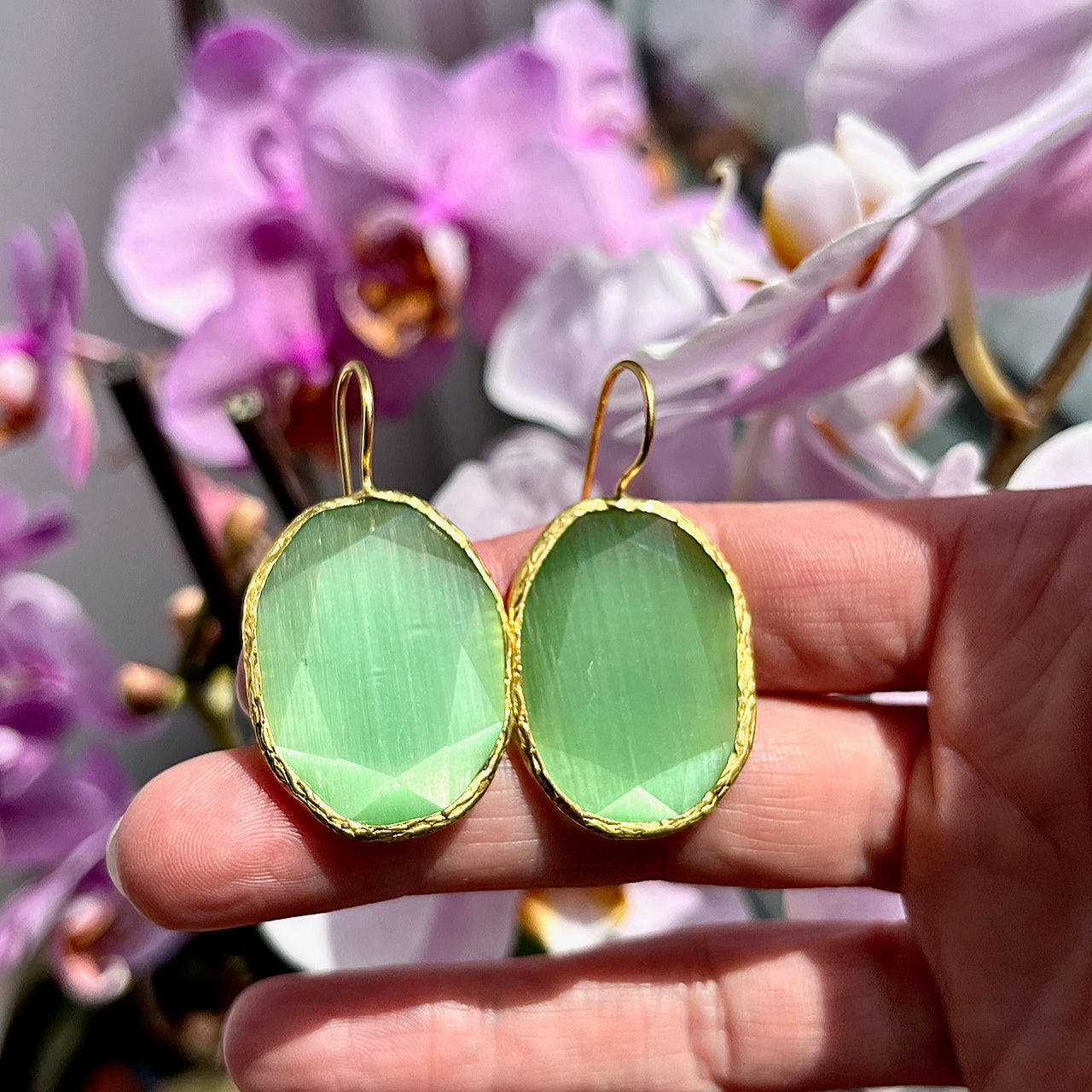 Boucles d’oreilles "DHAKA" pierre naturelle Agate verte dorées or fin