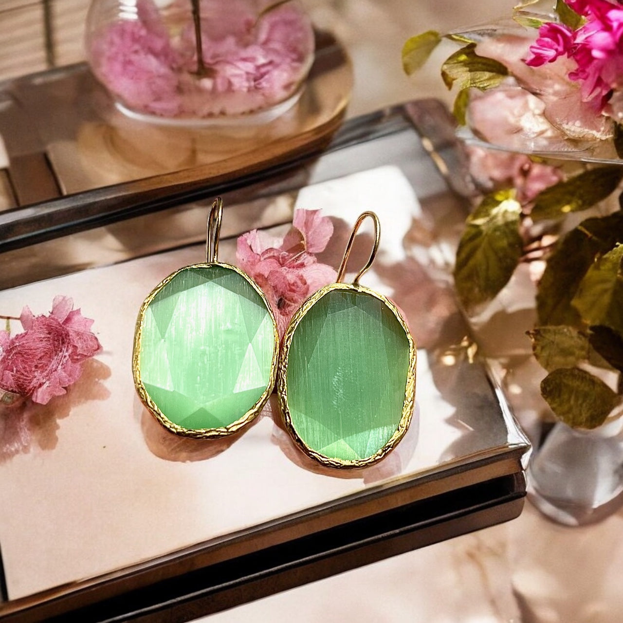 Boucles d’oreilles "DHAKA" pierre naturelle Agate verte dorées or fin